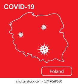Karte Polens mit der Bezeichnung "Epidemic and Quarantine COVID-19". Weiße Umrisskarte Polens auf rotem Hintergrund. Vektorgrafik eines Virus, Coronavirus, Epidemiologie.