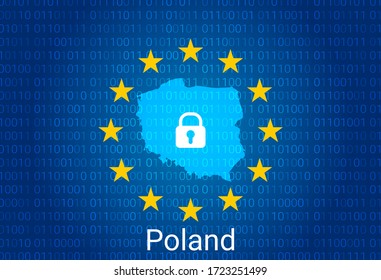 Map of Poland, with lock and binary code background. europe union internet blocking, virus attack, privacy protect. vector illustration