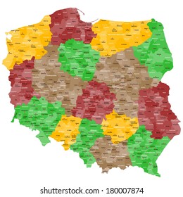 Map of Poland with many details, counties and cities.