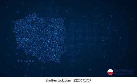 Map of Poland modern design with polygonal shapes on dark blue background. Business wireframe mesh spheres from flying debris. Blue structure style vector illustration concept.