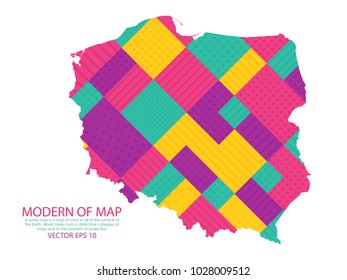 Map of Poland - Modern Geometric dots and lines background, colorful carving art - blue, yellow and violet. Vector illustration eps 10.