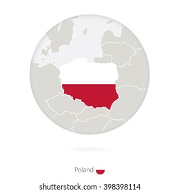 Map of Poland and national flag in a circle. Poland map contour with flag. Vector Illustration.