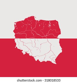 Map of Poland on the Polish flag. Colors of flag are proper. Rivers are shown.