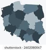 Map of Poland with regions. Just a simple country border map with region division. Blue grey color palette. Blank Poland shape with administrative division. Vector illustration.