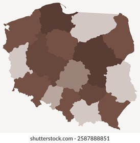 Map of Poland with regions. Just a simple country border map with region division. Brown color palette. Blank Poland shape with administrative division. Vector illustration.