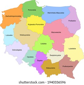 
Map of Poland with representation of the provinces - Names of provinces in Polish