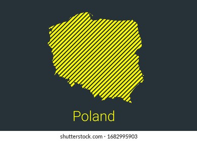 Mapa de Polonia, mapa a rayas en una franja negra sobre un fondo amarillo para infografías de coronavirus y marcadores y restricciones de área de cuarentena. ilustración vectorial