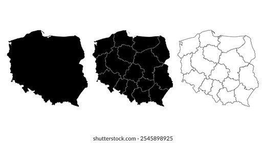 Mapa de Polonia en tres estilos: negro sólido, divisiones regionales y contorno.