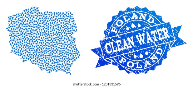 Map of Poland vector mosaic and clean water grunge stamp. Map of Poland designed with blue water drops. Seal with distress rubber texture for pure drinking water.