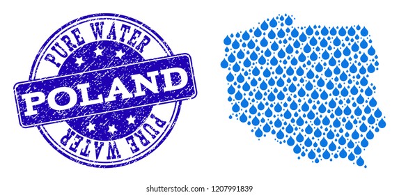 Map of Poland vector mosaic and Pure Water grunge stamp. Map of Poland designed with blue water raindrops. Seal with retro rubber texture for pure drinking water.