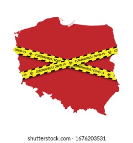 Mapa de Polonia con cinta amarilla de cuarentena de advertencia. Banner del coronavirus del peligro