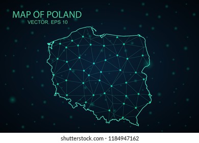 Map Poland. Wire Frame 3D mesh polygonal network line, design sphere,Poland map on dark background. Vector illustration eps 10.