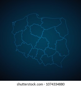 Map Poland-Abstract High Detailed Glow Map on Dark Background for design app, ui,Travel. Vector eps 10.