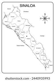 mapa, sinaloa, brújula rosa, méxico, geografía, estado, cartografía, frontera, contorno, gráfico, mundo, turismo, mexicano, capital, aislado,