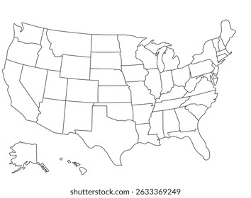Map with political divisions of the United States of America, USA, without names, ready for infographics, black and white