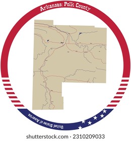 Map of Polk County in Arkansas, USA arranged in a circle.