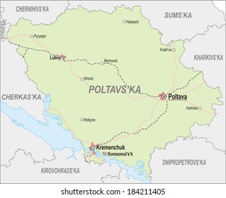 Map of Poltava Oblast with major cities and roads