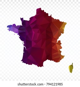 Map polygonal-French map. Multicolored country map in geometric triangle style for your infographics. Vector illustration eps 10.