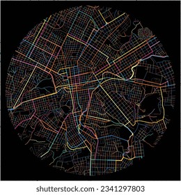 Map of PontaGrossa with all major and minor roads, railways and waterways. Colorful line art on black background.