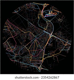 Map of Pontault-Combault, Seine-et-Marne with all major and minor roads, railways and waterways. Colorful line art on black background.