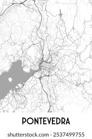 Map of Pontevedra, a city in Galicia, Spain. The map highlights the city's intricate network of roads and streets, with a prominent river winding through the urban center.