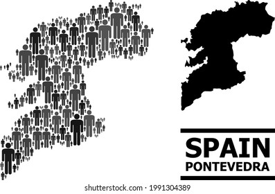 Map of Pontevedra Province for social propaganda. Vector nation collage. Composition map of Pontevedra Province combined of social icons. Demographic scheme in dark gray color tones.