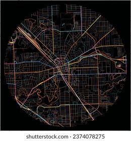 Map of Pontiac, Michigan with all major and minor roads, railways and waterways. Colorful line art on black background.