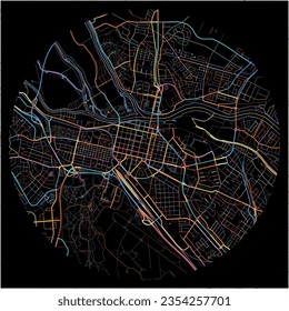 Map of Pori with all major and minor roads, railways and waterways. Colorful line art on black background.