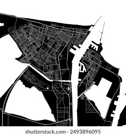 Map of Port Said, Egypt. Detailed city vector map, metropolitan area. Black and white streetmap with roads and water.