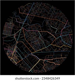 Map of Port-au-Prince, Ouest with all major and minor roads, railways and waterways. Colorful line art on black background.