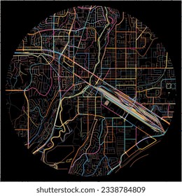 Map of PortCoquitlam, British Columbia with all major and minor roads, railways and waterways. Colorful line art on black background.