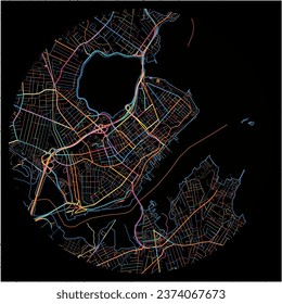 Map of Portland, Maine with all major and minor roads, railways and waterways. Colorful line art on black background.