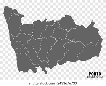 Map Porto District on transparent background. Porto District  map with  municipalities in gray for your web site design, logo, app, UI. Portugal. EPS10.