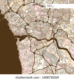 Map of Porto Portugal art map print template. Brown colored version for Apps, Print or web backgrounds.