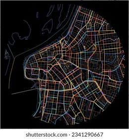 Map of PortoAlegre with all major and minor roads, railways and waterways. Colorful line art on black background.