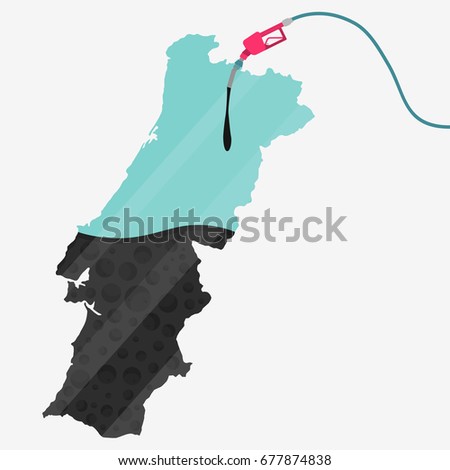 Map of Portugal being fueled by oil. Gas pump fueled map. On the map there is glass reflection. Conceptual. Oil producing or importing countries.