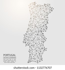 A map of Portugal consisting of 3D triangles, lines, points, and connections. Vector illustration of the EPS 10.