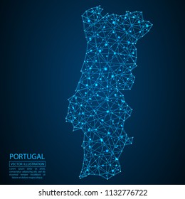 A map of Portugal consisting of 3D triangles, lines, points, and connections. Vector illustration of the EPS 10.