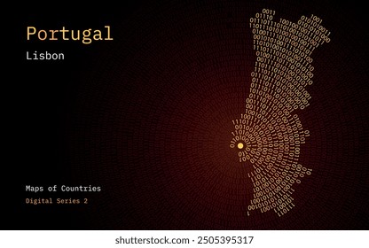 A map of Portugal depicted in zeros and ones in the form of a circle. The capital, Lisbon, is shown in the center of the circle	

