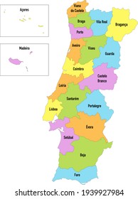 Map of Portugal divided by districts with Madeira and Azores Islands