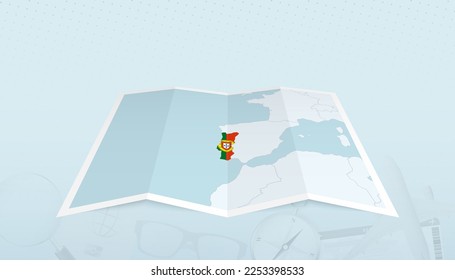 Karte von Portugal mit der Flagge von Portugal in der Umriss der Karte auf einer Reise abstrakte Hintergrund. Reisegrafik.