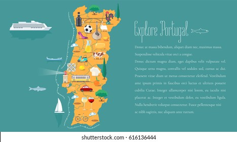 Map of Portugal horizontal article layout vector illustration. Icons with Portuguese landmarks, Barcelos and food