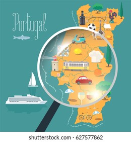 Map of Portugal with loupe vector illustration, design. Icons with Portuguese  landmarks, culture, Barcelos and food. Explore Portugal banner