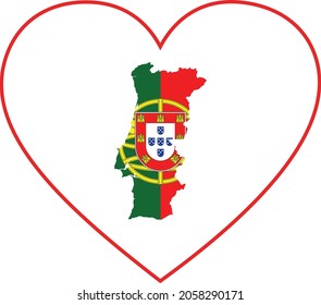 Map of Portugal with national flag inside white heart shape with red stroke