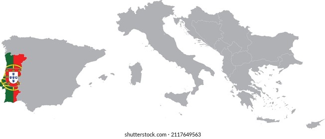 Map of Portugal with national flag within the gray map of South Europe
