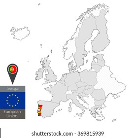 Map of Portugal with an official flag. Location on European Union map
