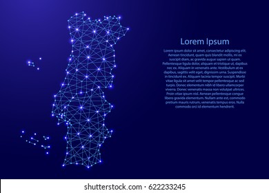 Map of Portugal from polygonal blue lines and glowing stars vector illustration