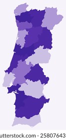 Map of Portugal with regions. Just a simple country border map with region division. Deep purple color palette. Blank Portugal shape with administrative division. Vector illustration.