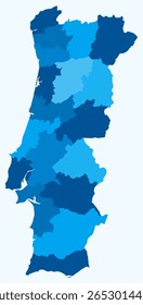 Map of Portugal with regions. Just a simple country border map with region division. Light blue color palette. Flat Portugal shape with administrative division. Vector illustration.