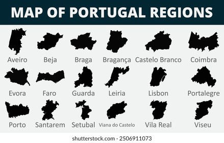 Map of Portugal regions set outline silhouette graphic element Illustration template design
